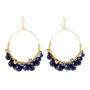 Navy Blue Lapis & Goldtone Gypsy Hoop Drop Earring